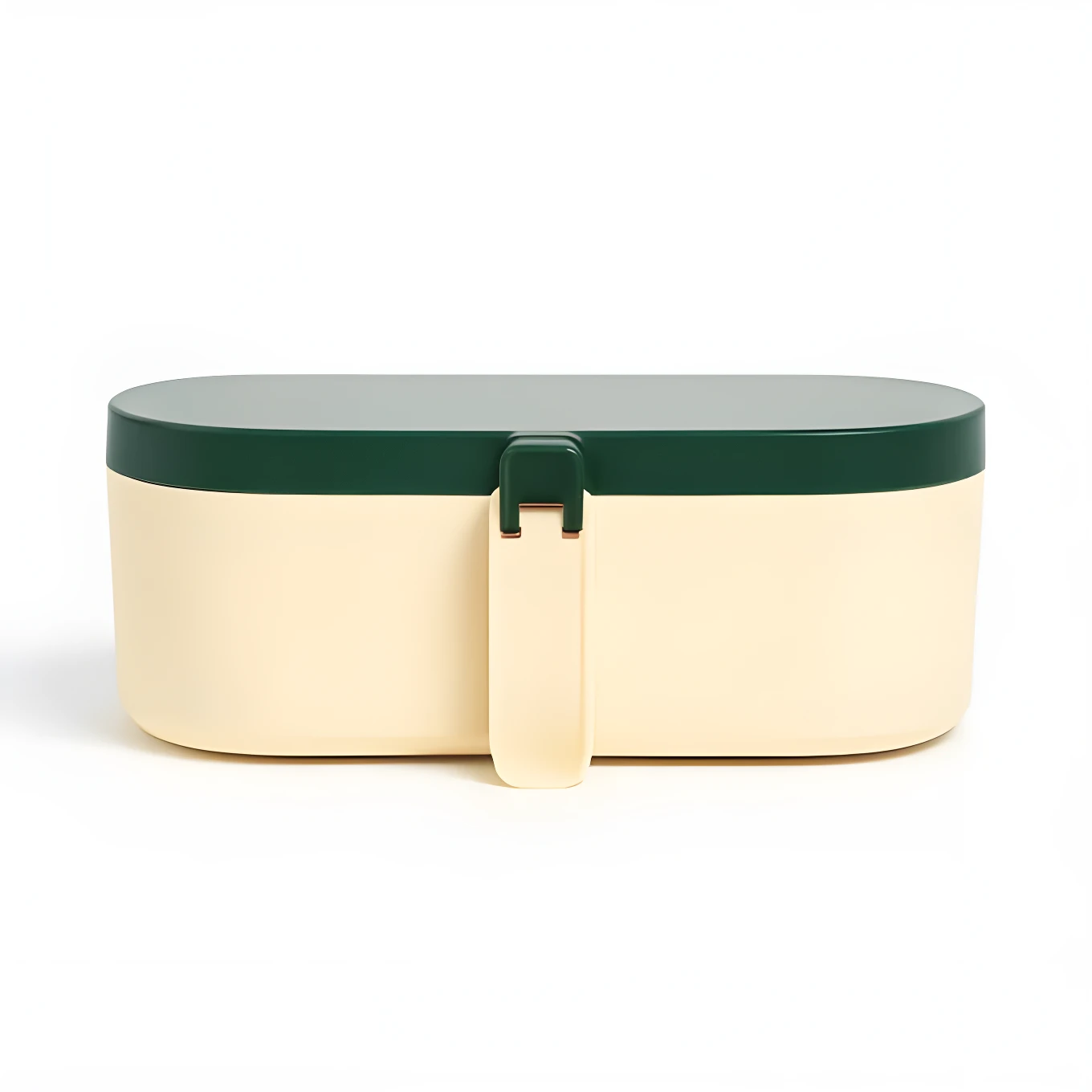 Condimentero multifunción beige y verde. Diseño ovalado con asa frontal para organizar condimentos en cocina.