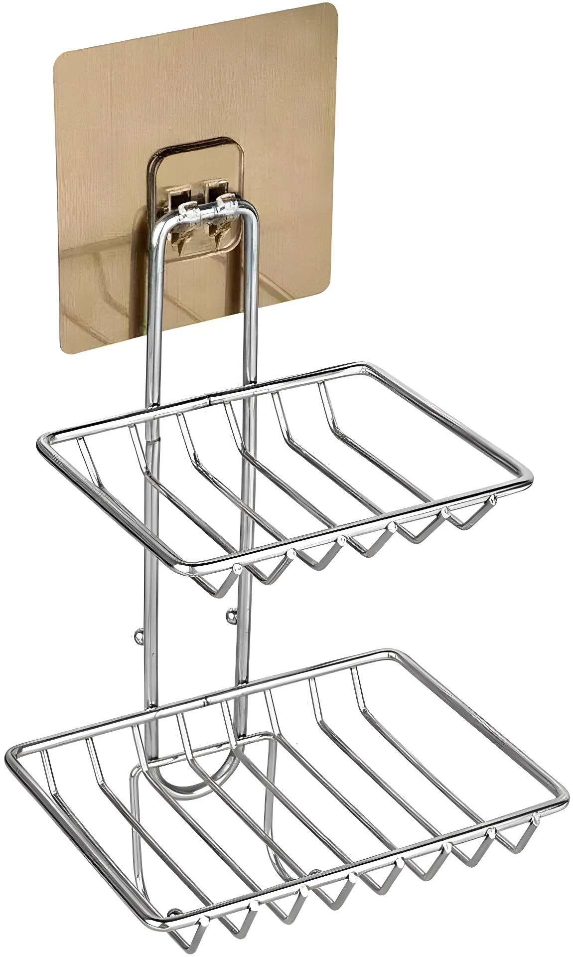 Jabonera de pared adhesiva de dos niveles en cromo, ideal para organizar y mantener secos los jabones en la ducha.