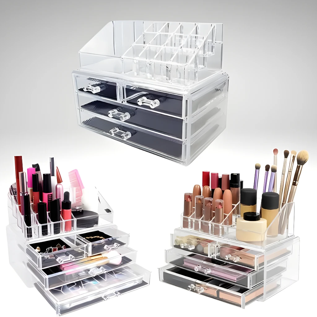 Organizadores de maquillaje de acrílico transparente con compartimentos y cajones apilables, mostrando productos de belleza variados.