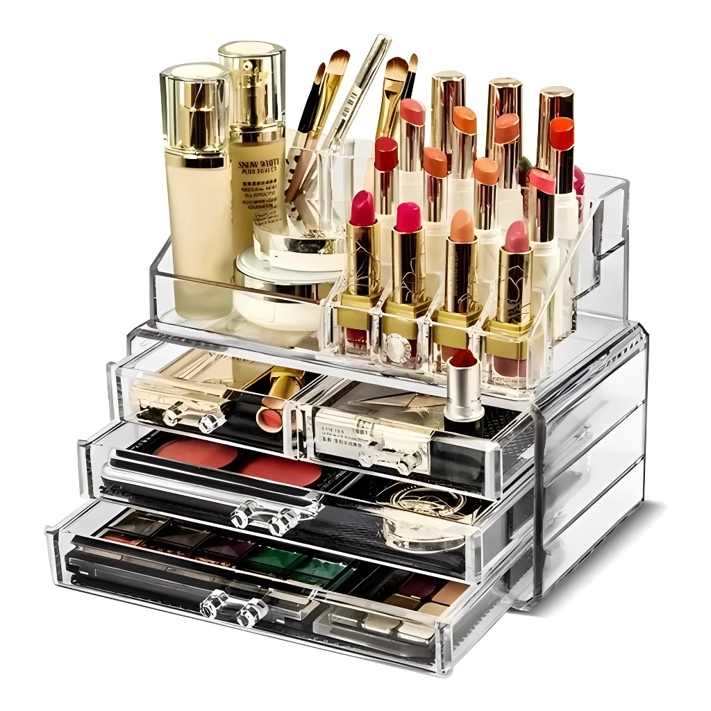Organizador de acrílico transparente con labiales, bases, brochas y paletas de sombras.
