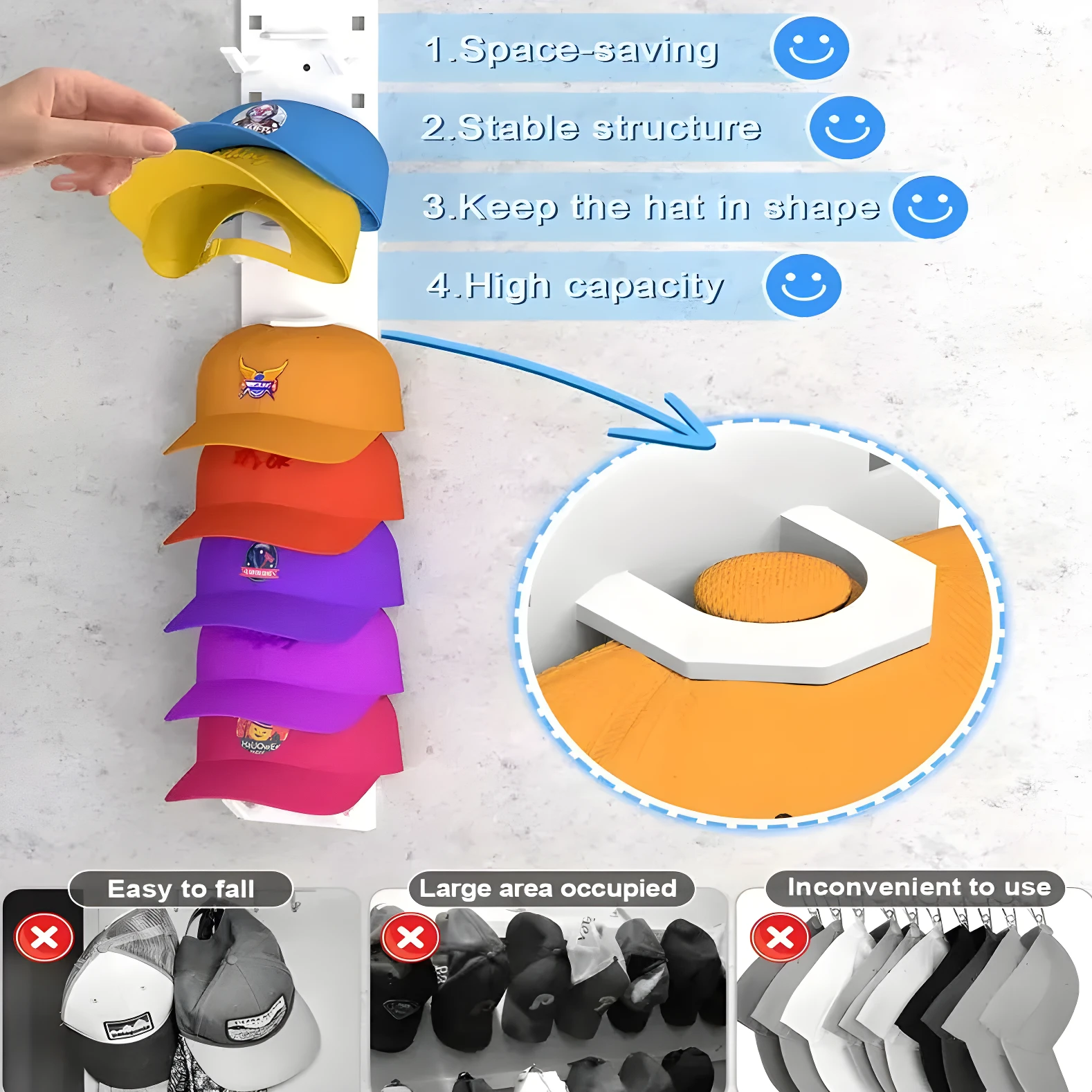 Organizador vertical de gorras para pared, alta capacidad y diseño que conserva la forma de los sombreros.