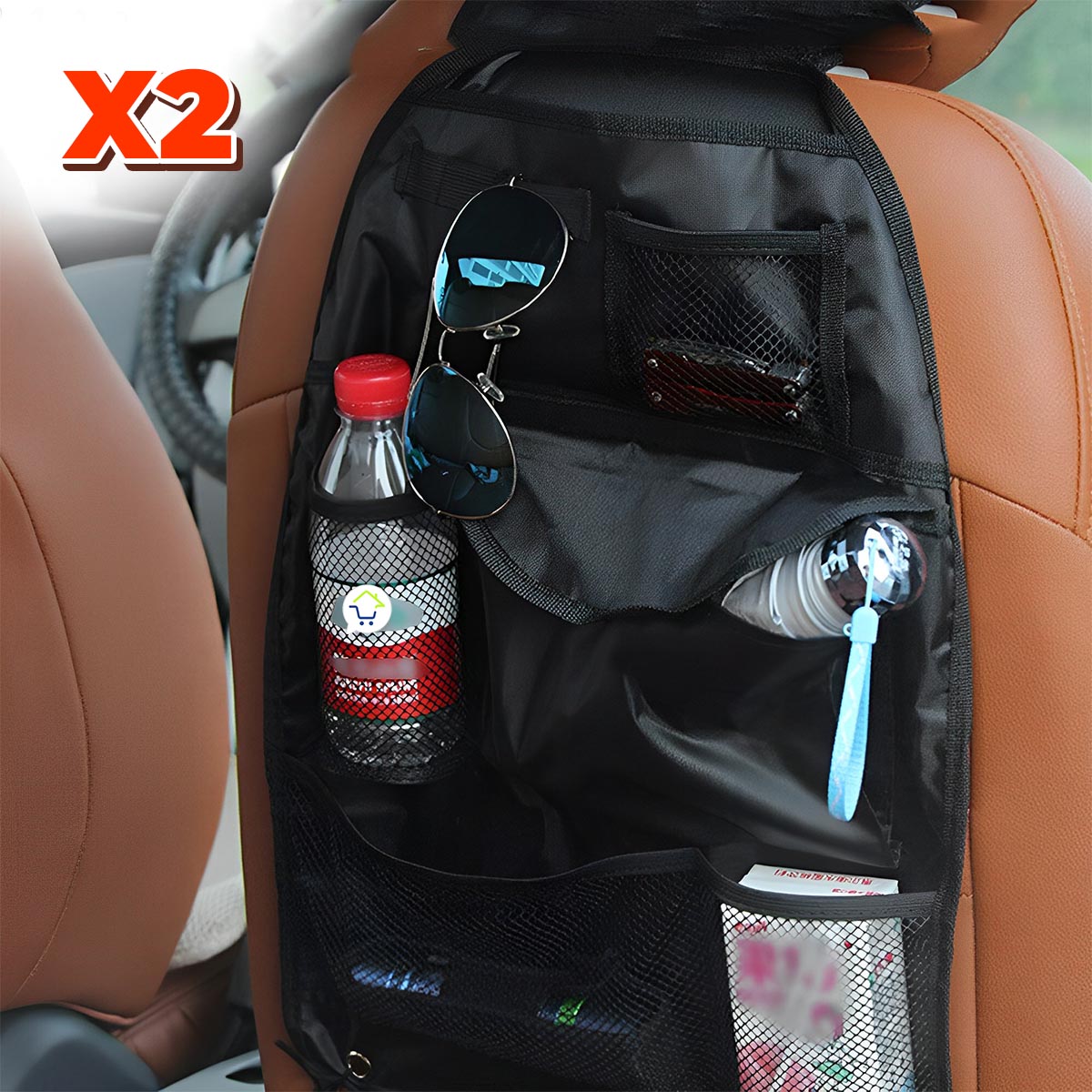 Set x2 organizador de asiento trasero para carro: guarda botellas, gafas y más.
