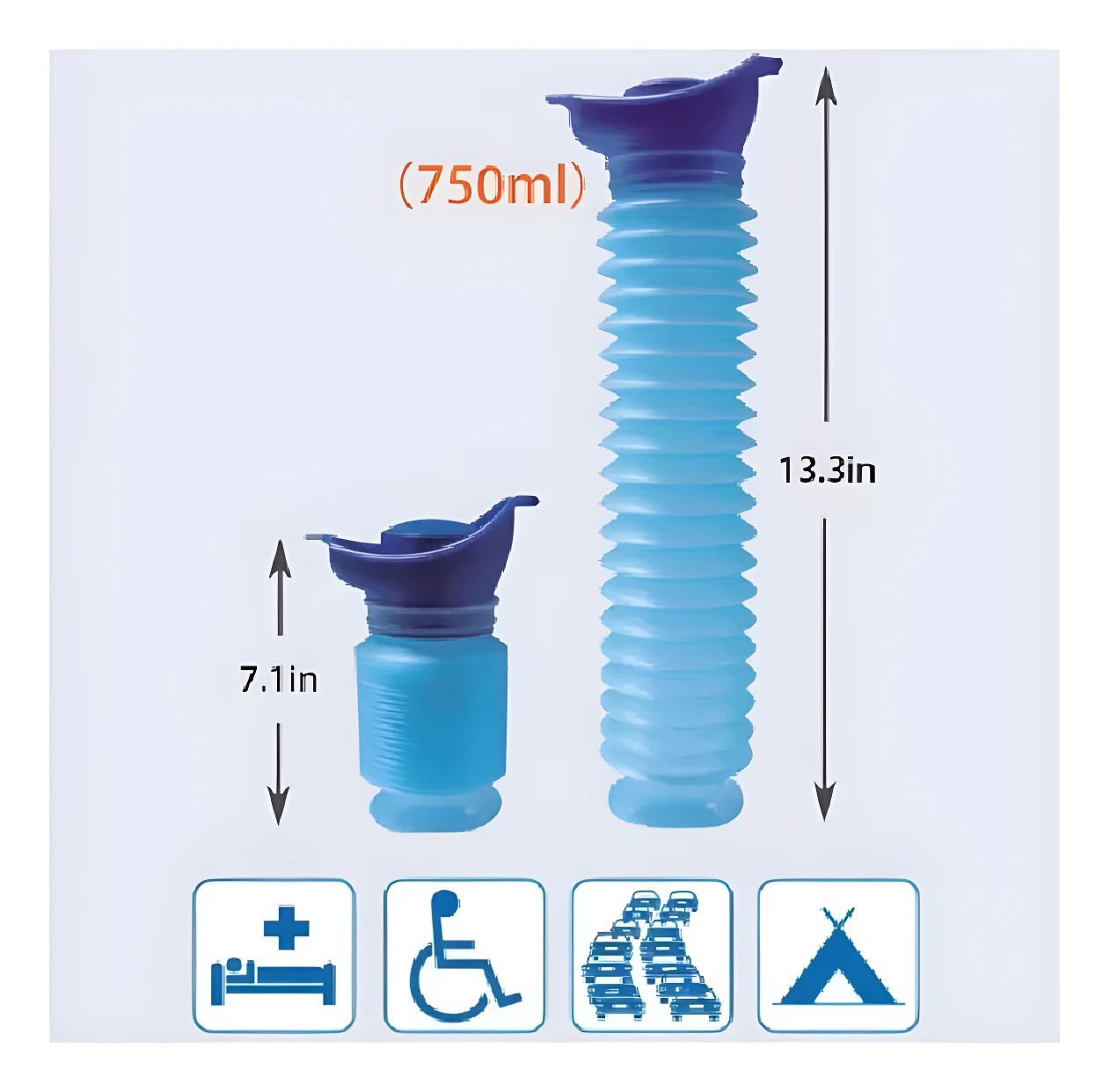 Set de 2 orinales portátiles plegables, uno de 7.1in y otro de 13.3in, azules y blancos, ideales para viajes.