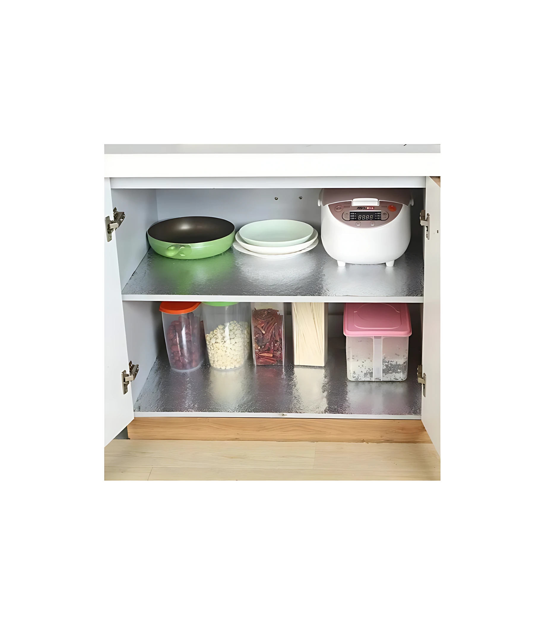 Set x2 papel adhesivo cocina acero inoxidable plateado, protege superficies, fácil de limpiar, ideal para gabinetes y cajones.