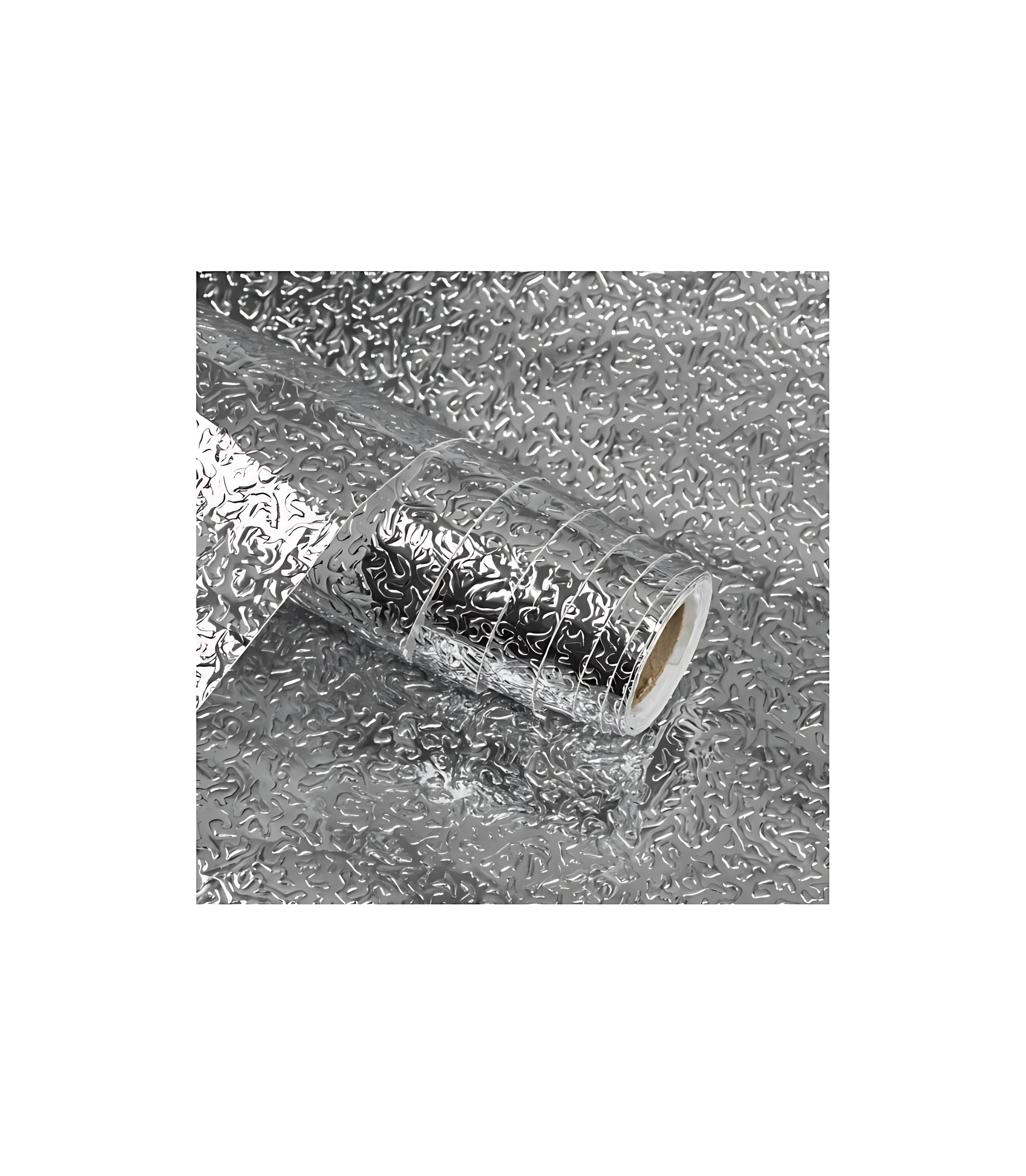Rollo de papel adhesivo plateado con textura de acero inoxidable para cocina, ideal para proteger y renovar superficies.