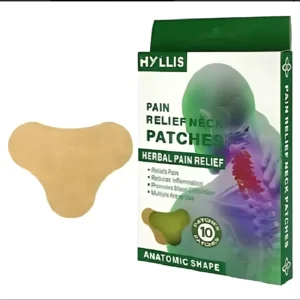 Parches cervicales para alivio del dolor de cuello, forma anatómica color piel, caja verde con diseño de cuello y vértebras.