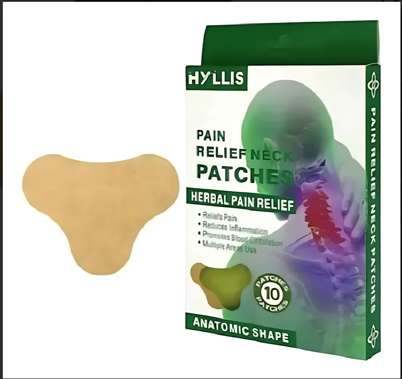 Parches cervicales para alivio del dolor de cuello, forma anatómica color piel, caja verde con diseño de cuello y vértebras.