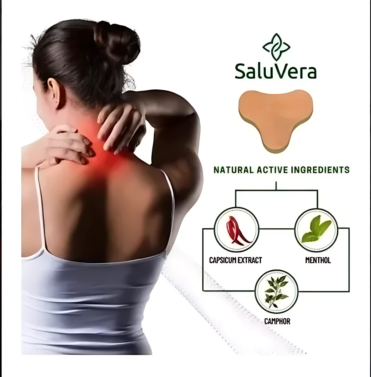 Parches cervicales terapéuticos SaluVera con extracto de capsicum, mentol y alcanfor para aliviar el dolor de cuello.