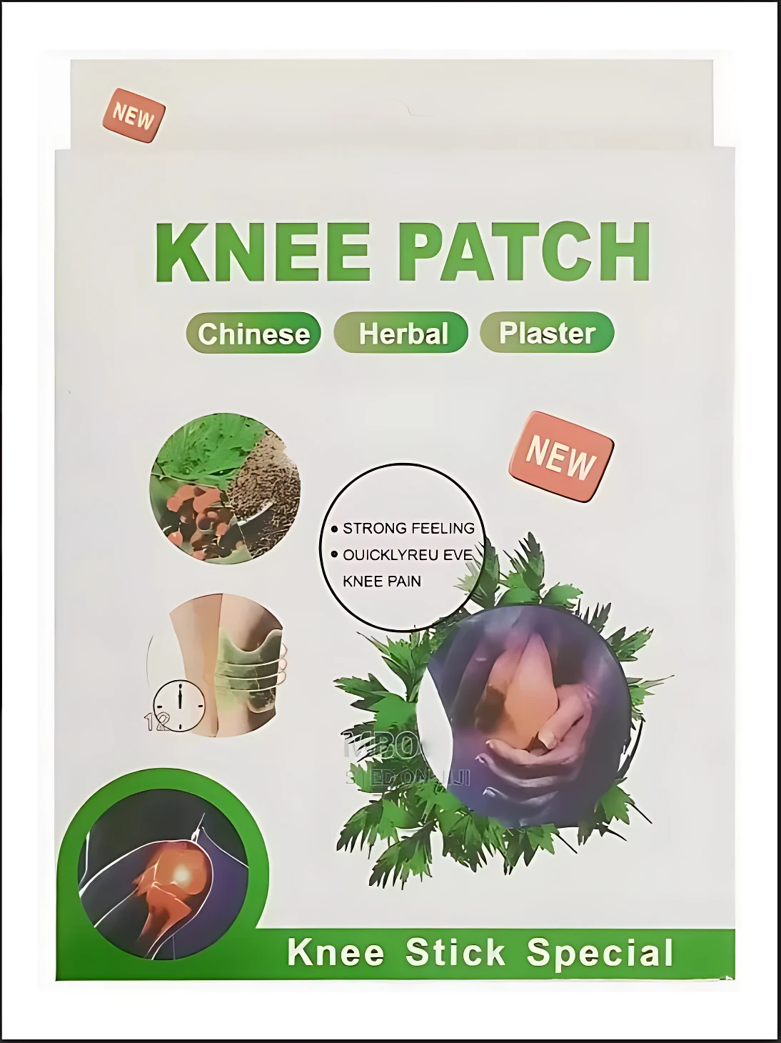 Parches terapéuticos para rodilla "Knee Patch" con hierbas chinas. Alivian dolor, relajan y ofrecen sensación fuerte. Incluye imágenes ilustrativas.
