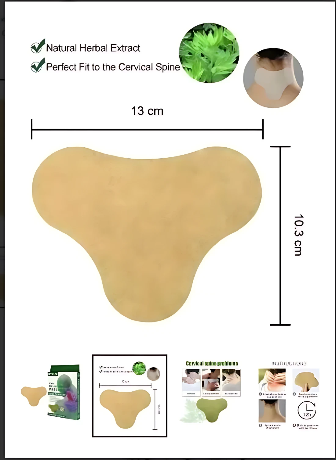 Parche cervical triangular beige, 13 cm x 10.3 cm, ideal para aliviar dolor de cuello y relajación, con extractos herbales.