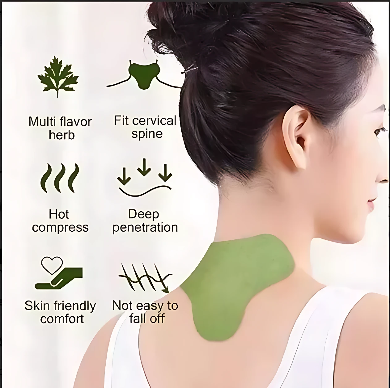 Parches cervicales verdes terapéuticos para aliviar dolor, con iconos de hierbas, compresa caliente, ajuste cervical y comodidad.
