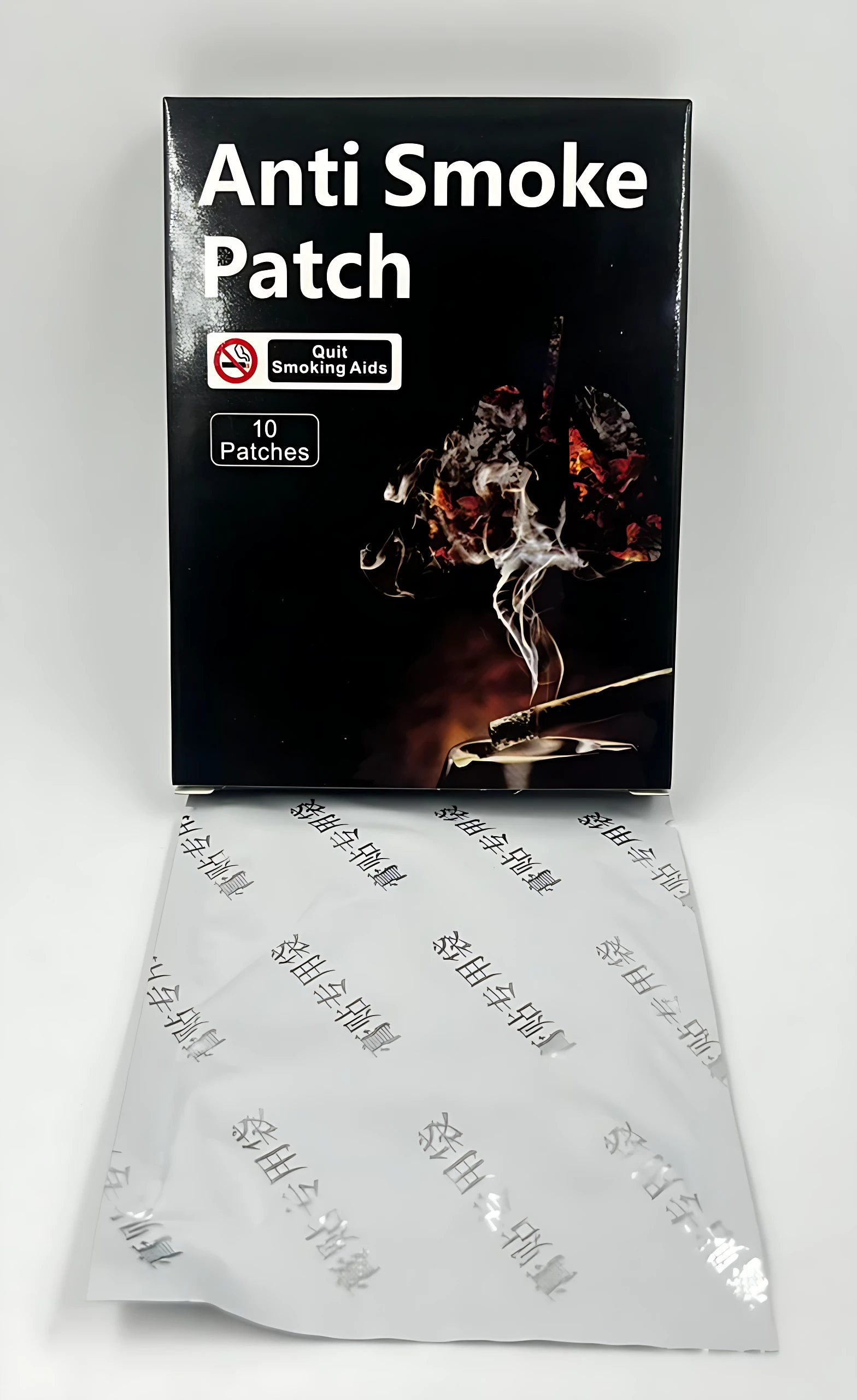 Caja negra con texto "Anti Smoke Patch" y paquete plateado con parches.