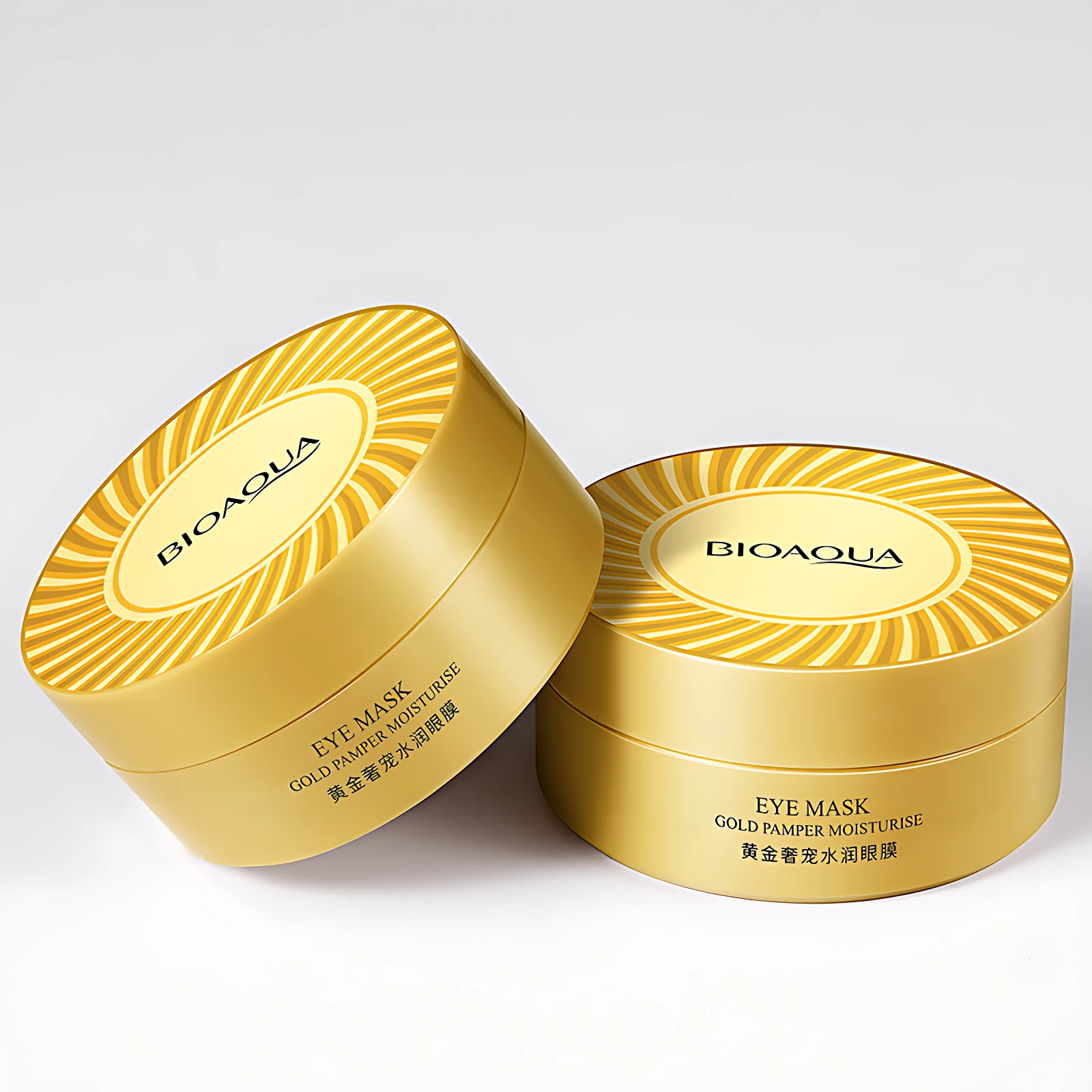 Set x2 parches para ojeras Bioaqua en envase dorado con diseño de rayos, ideales para revitalizar e hidratar el contorno ocular.