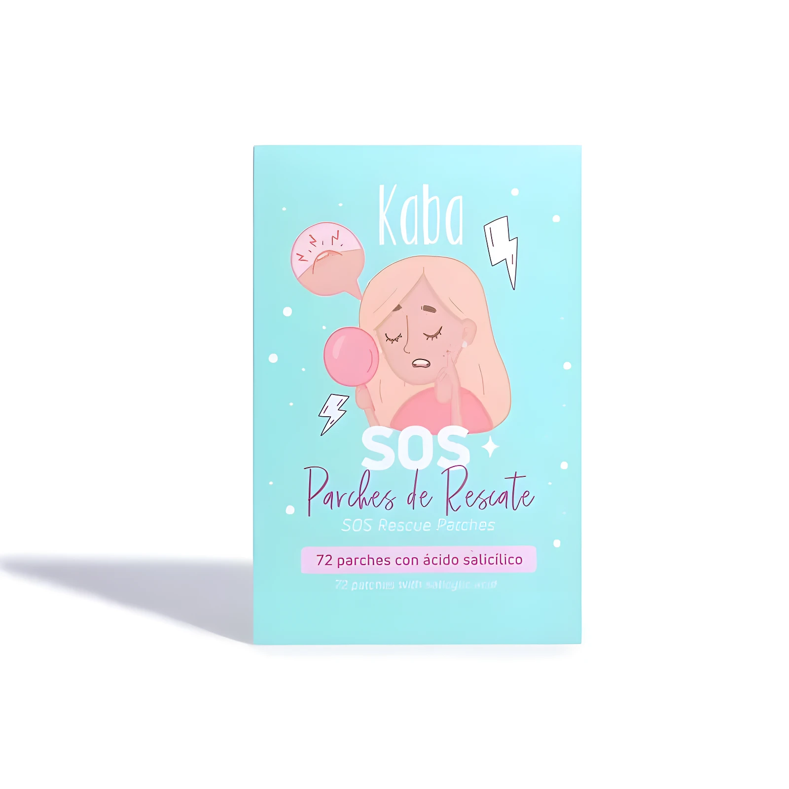 Caja de parches SOS Kaba para el rescate de acné, diseño de chica en fondo turquesa con detalles de rayos.