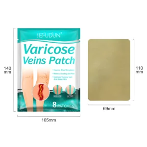 Set de 2 parches dorados para tratamiento de várices, tamaño 69x110 mm, con diseño que muestra antes y después.
