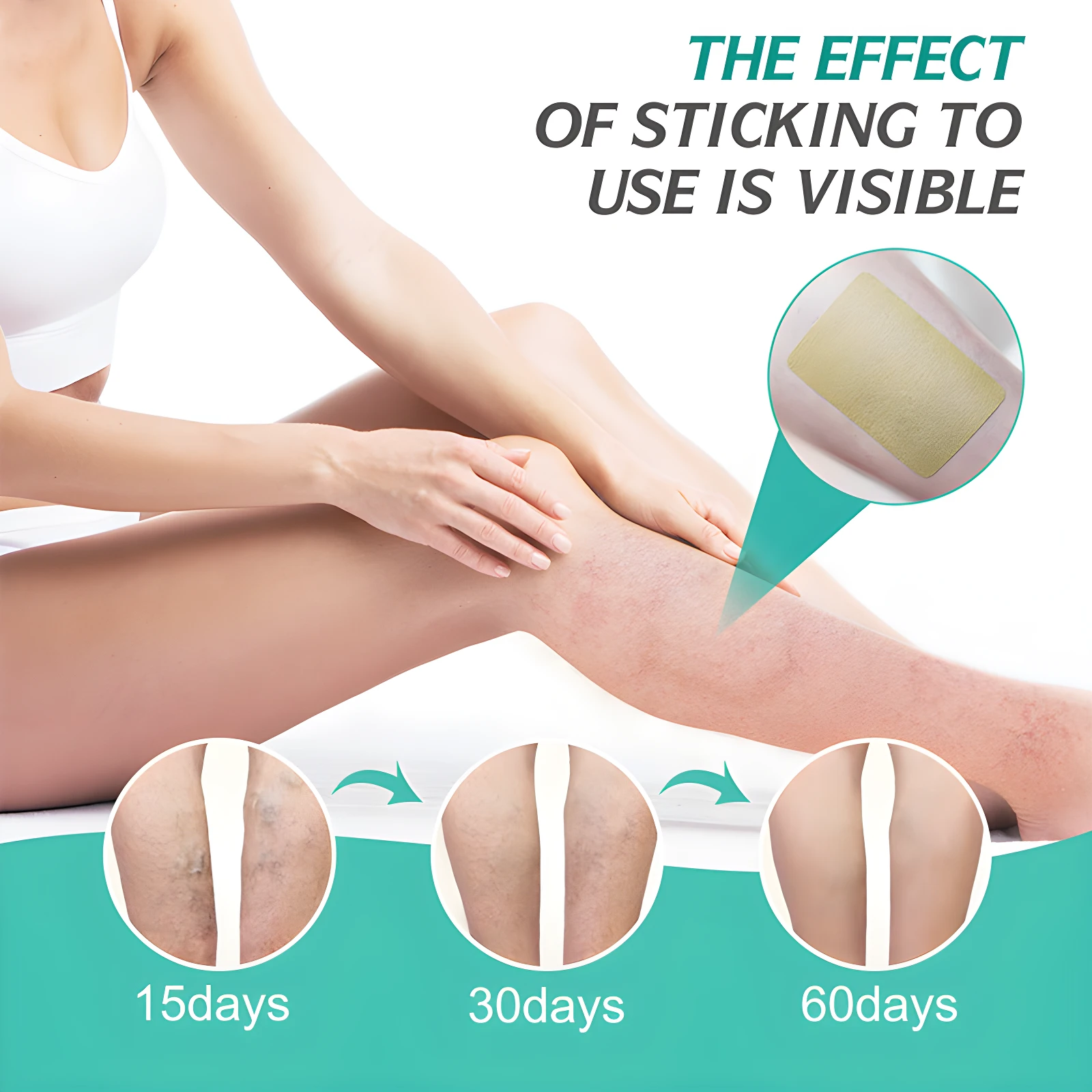Set x2 parches tratamiento varices, mejora visible en piernas tras 15, 30 y 60 días de uso.