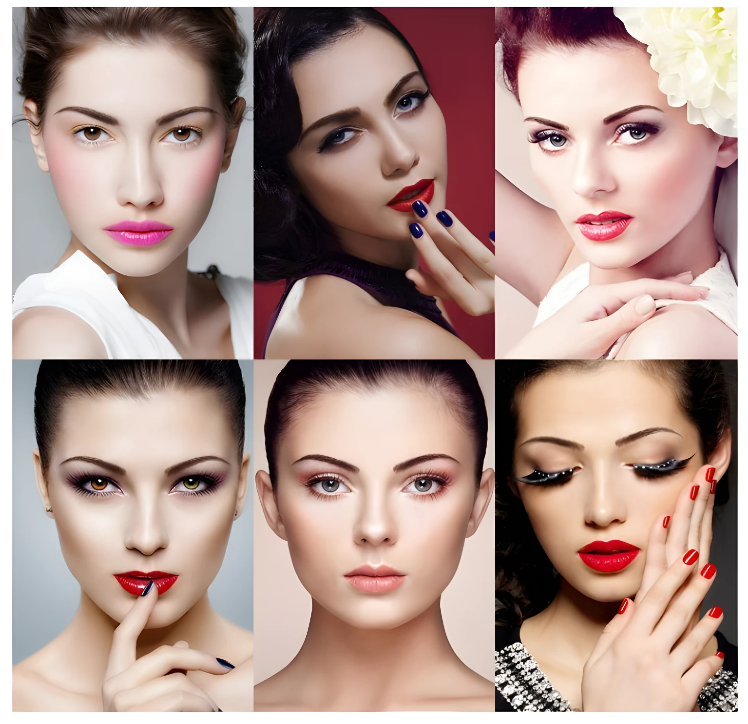 Collage de seis modelos con maquillaje de ojos y labios vibrantes, destacando diferentes estilos y colores.