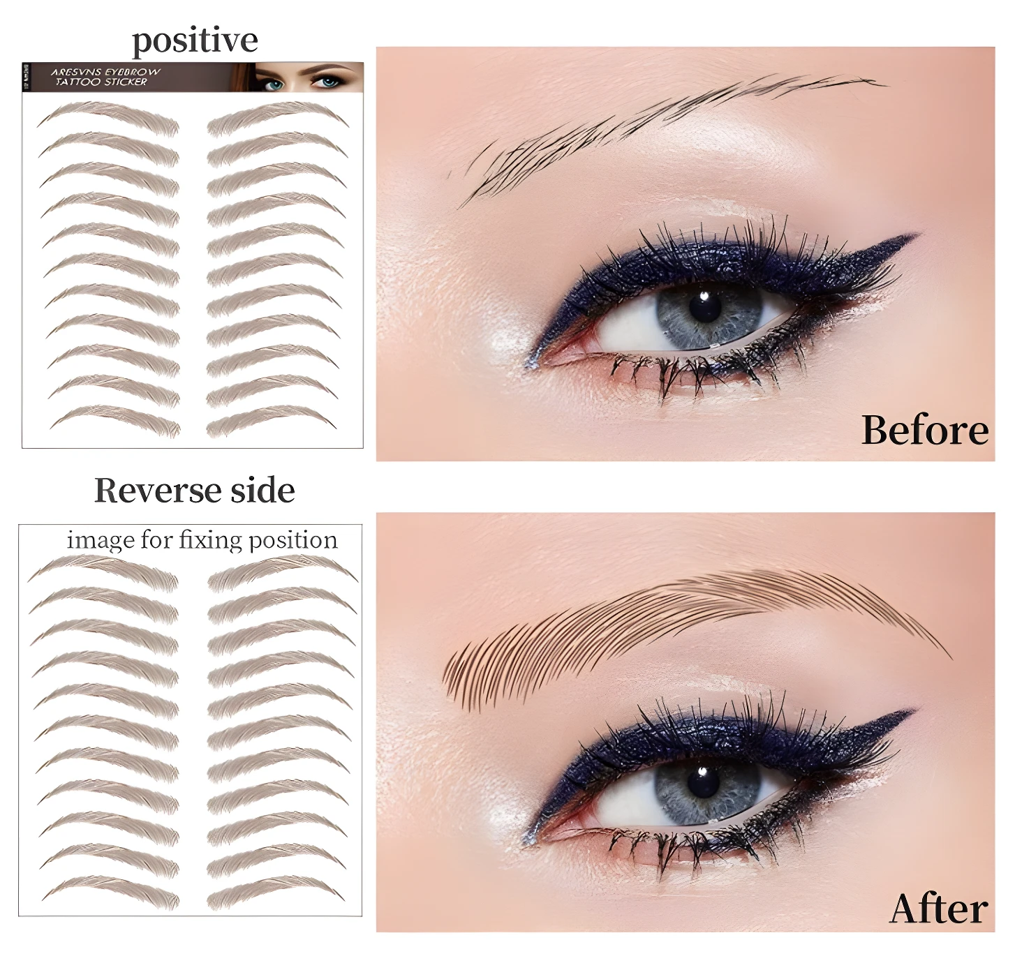 Set de 2 pegatinas de cejas realistas para maquillaje, efecto natural "antes y después".