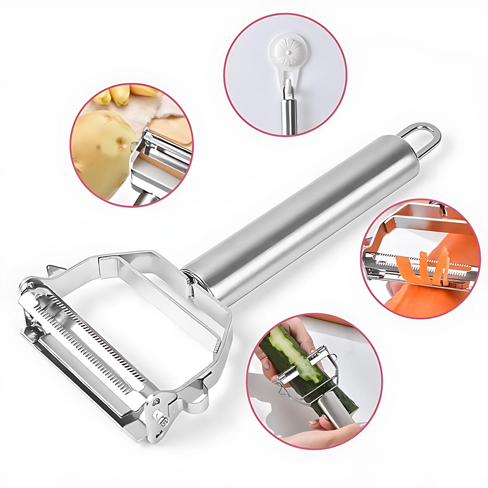 Pelador multifuncional de acero inoxidable con rallador, ideal para papas, zanahorias y pepinos.
