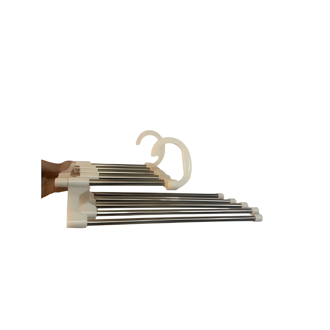 Perchero colgador 5 en 1 blanco y acero inoxidable con barras horizontales para colgar pantalones o toallas.