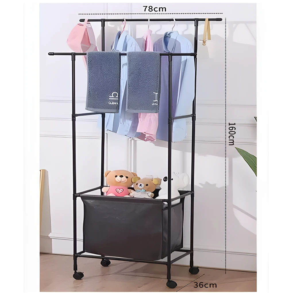 Perchero organizador negro de 78x160cm con dos niveles, canasta y ositos de peluche.