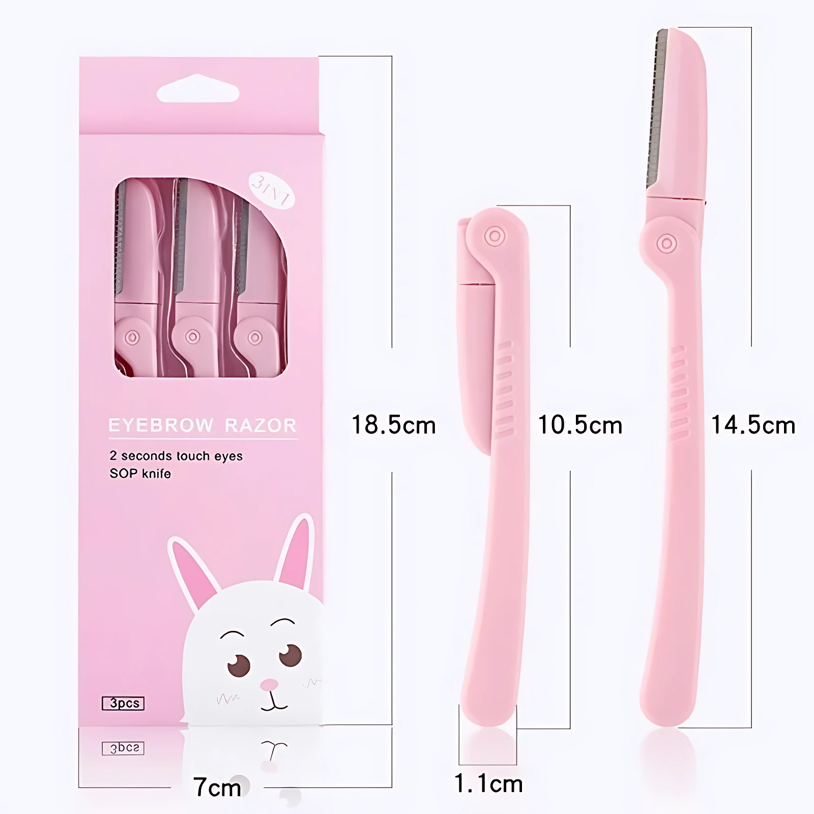Set x3 perfiladores de cejas rosa con diseño de conejo. Incluye medidas de 18.5cm, 10.5cm y 14.5cm.