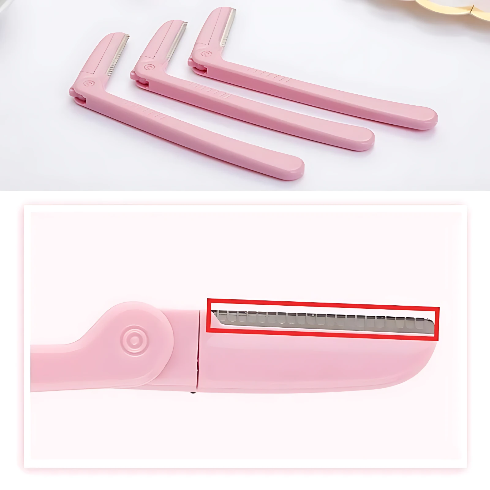 Set x3 perfiladores de cejas rosa pastel con diseño plegable y cuchilla metálica.