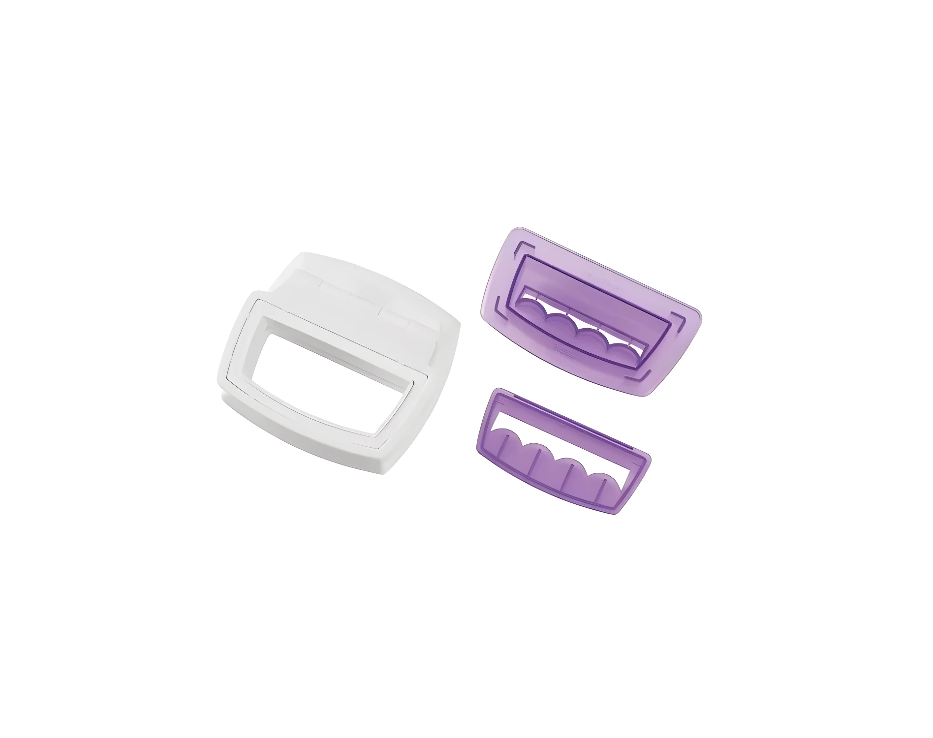 Set x2 perforadoras de pastillaje, una blanca cuadrada y dos moradas rectangulares con bordes ondulados.