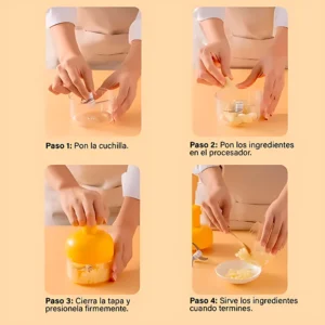 Picador manual de alimentos amarillo, con cuchillas y tapa, para picar ingredientes rápidamente.