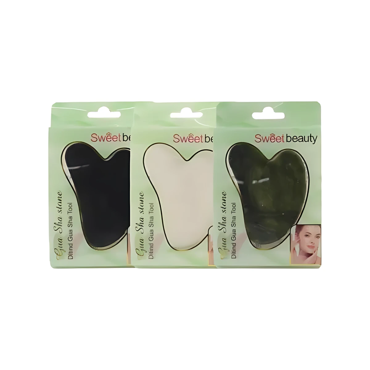 Set x3 piedras Gua Sha naturales en forma de corazón, negro, blanco y verde. Para esculpir y rejuvenecer la piel.