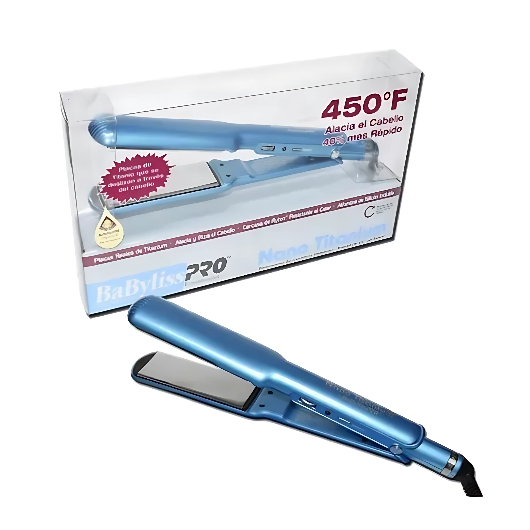Plancha Babyliss Pro azul, placas anchas de titanio, 450°F, para alisar y definir cabello rápido.