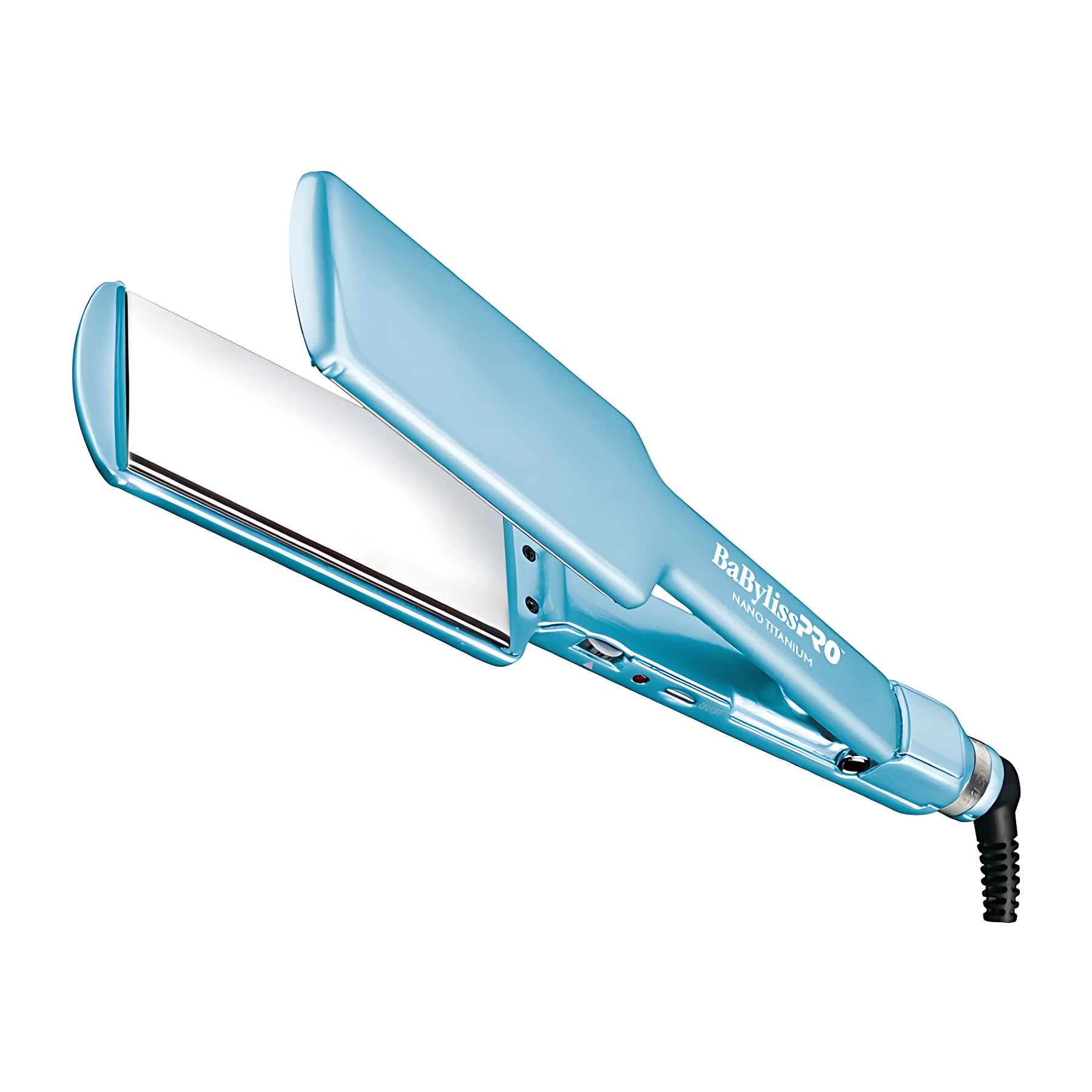 Plancha Babyliss Pro azul de placas anchas en titanio, ideal para alisar cabello rápidamente.