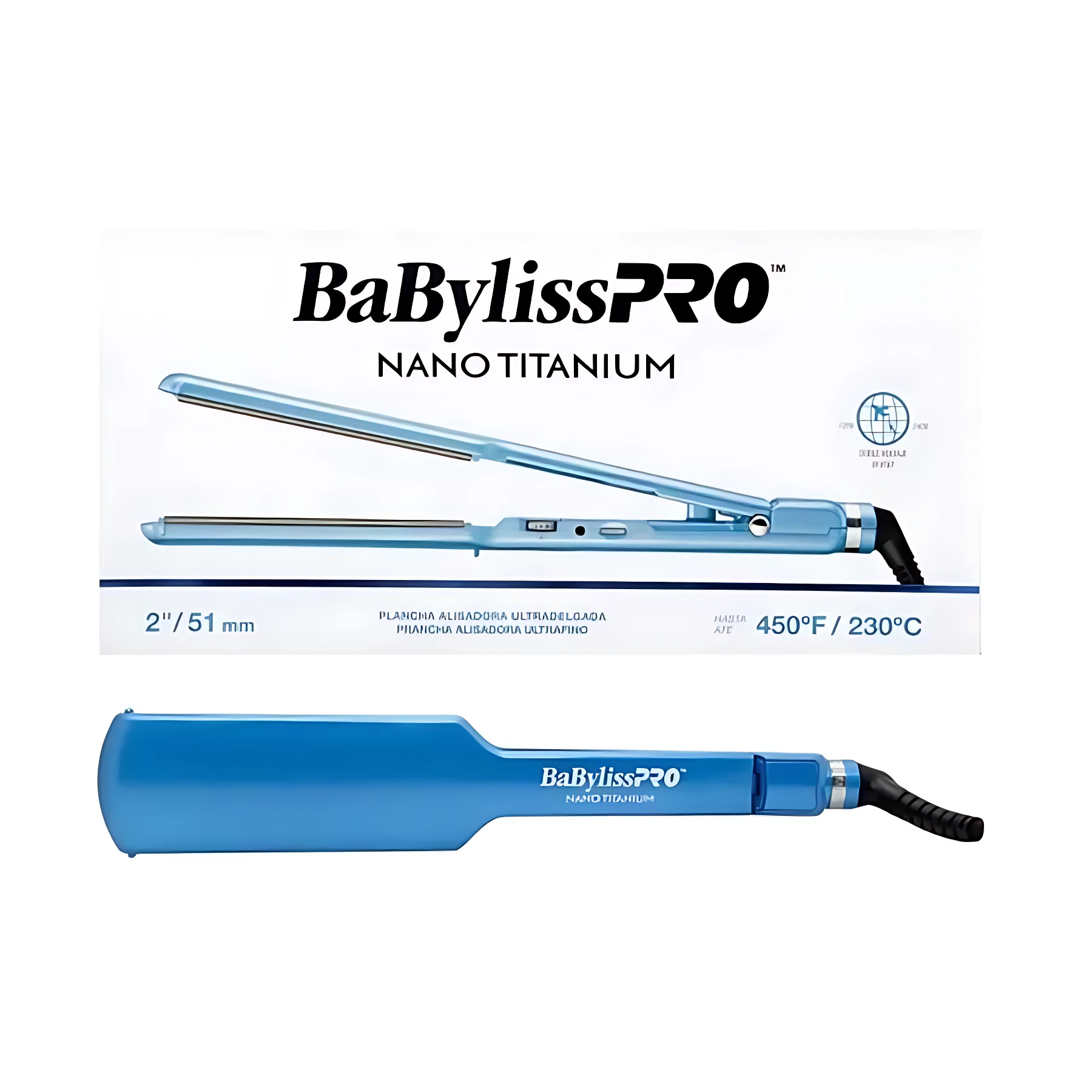 Plancha Babyliss Pro Nano Titanium azul, 2" / 51mm, 450°F / 230°C.