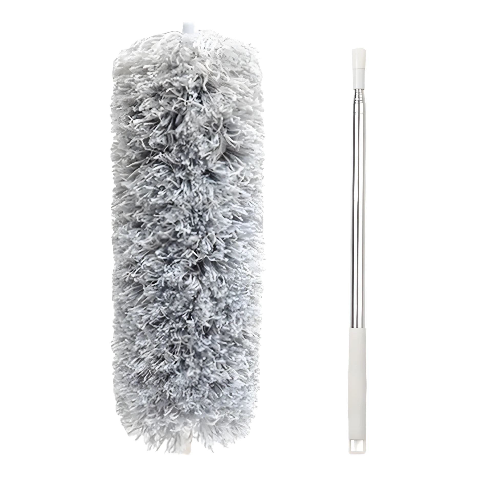 Plumero extensible de microfibra gris con mango plateado y blanco, ideal para limpieza en altura.