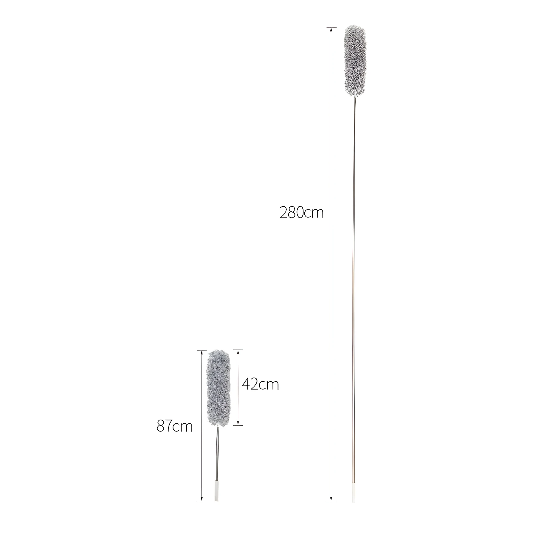 Plumero extensible de microfibra gris, mide 280cm de largo y 42cm de cabezal.