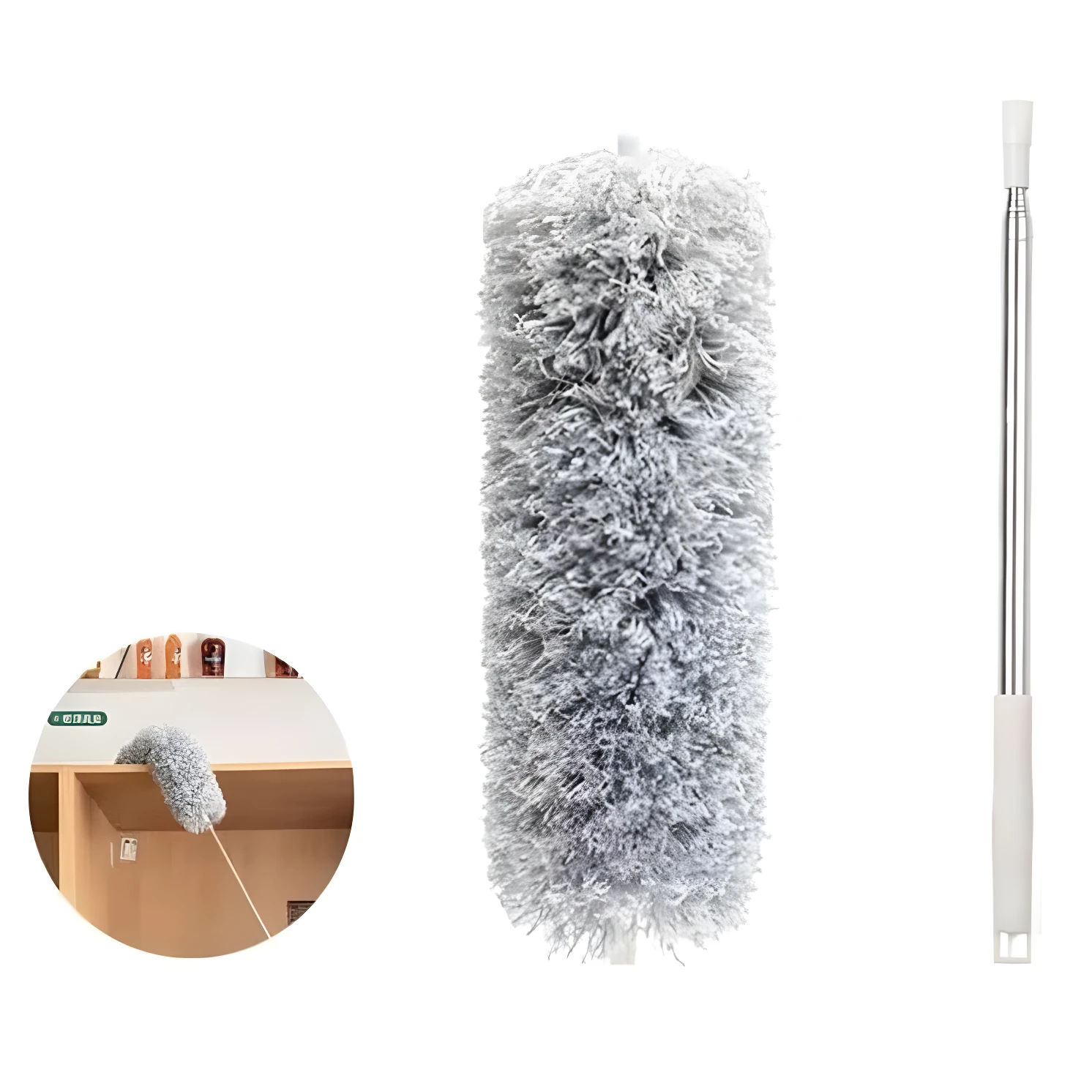 Plumero extensible de microfibra gris con mango plateado, ideal para limpiar superficies altas.