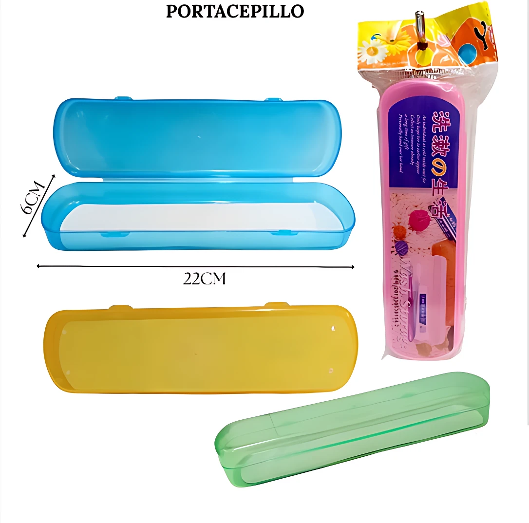 Estuches portacepillos viajeros de plástico azul, amarillo y verde, medidas 22x6cm, protegen y organizan.