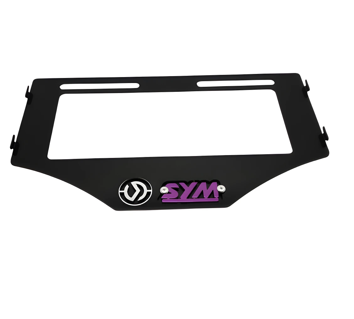Porta placa SYM Adxtg 150 3D negro con logo morado.