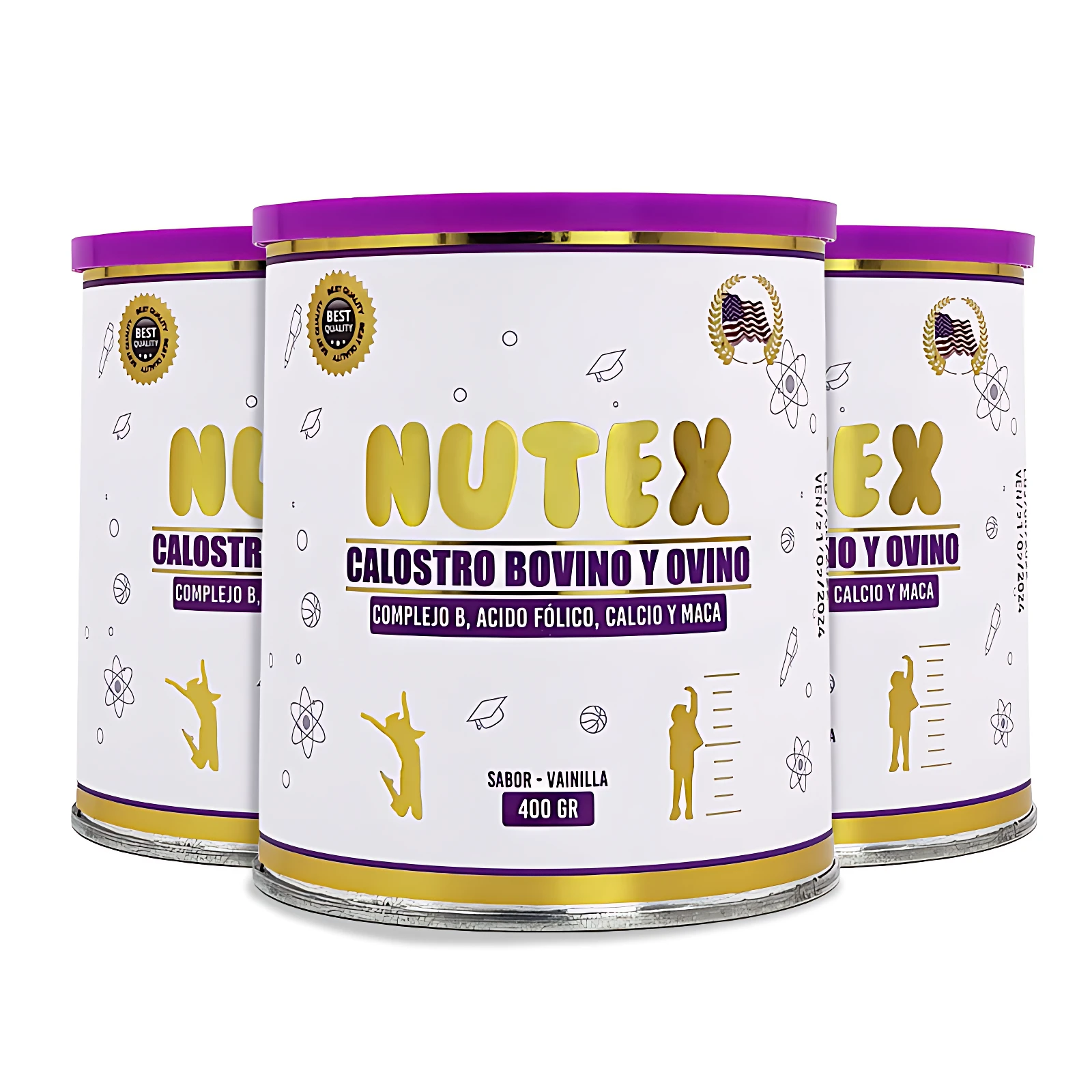 Latas de proteína infantil Nutex sabor vainilla, 400gr, con diseño de deportistas y elementos educativos.