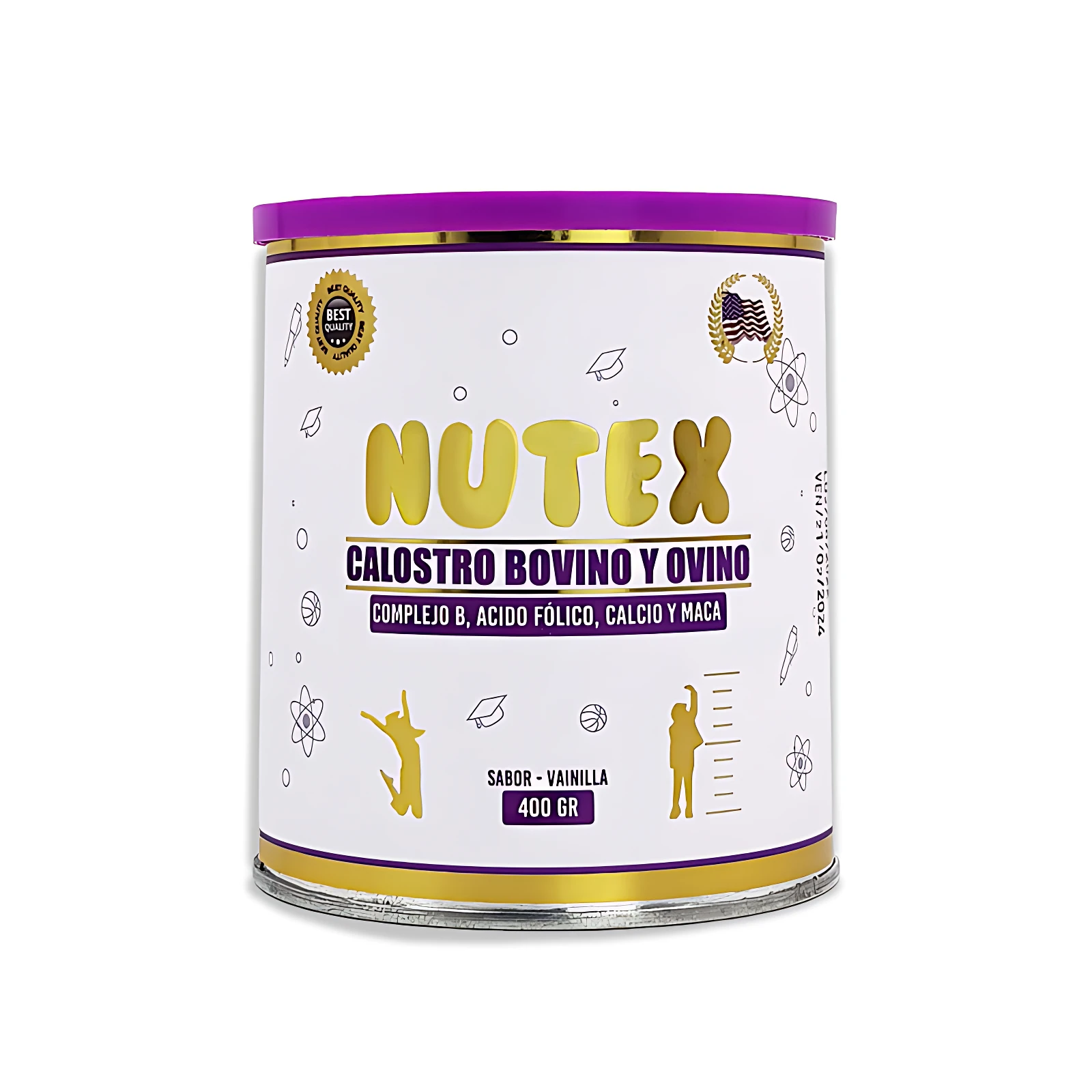 Lata de Nutex Calostro Bovino y Ovino sabor vainilla, 400 gr. Con gráficos infantiles y emblema de calidad.