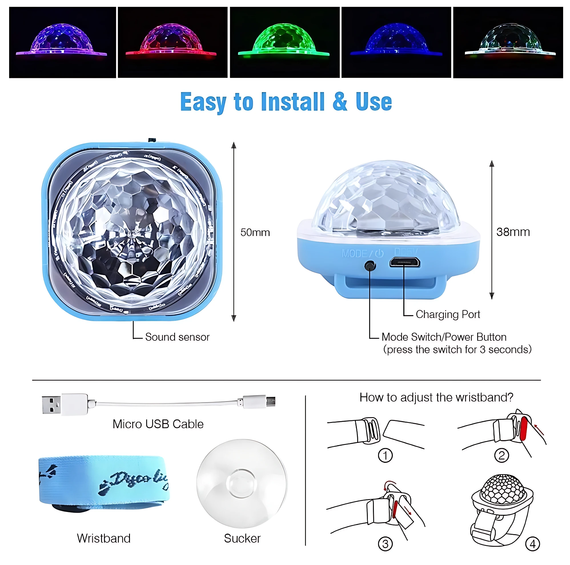 Pulsera LED interactiva con luz activada por sonido, 50mm alto, 38mm ancho, con cable micro USB y sucker.