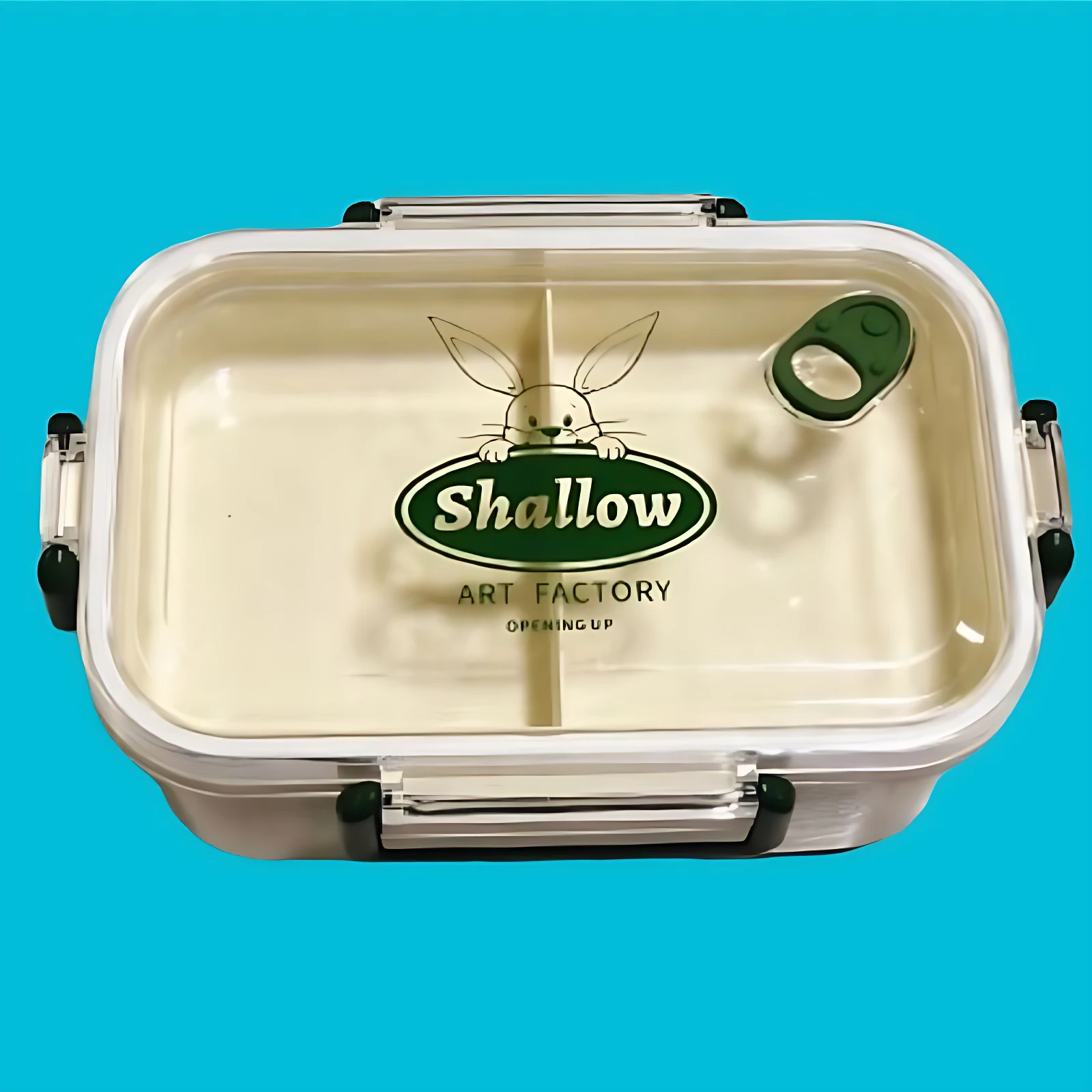 Recipiente hermético blanco con tapa transparente y estampado de conejo, ideal para conservar comida.