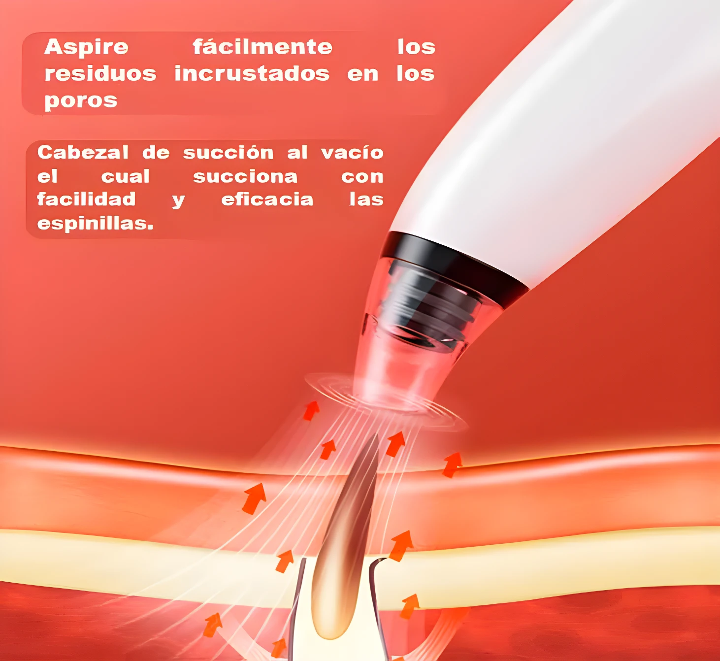 Removedor de espinillas al vacío succiona residuos con facilidad y eficacia, mostrando su uso en la piel.