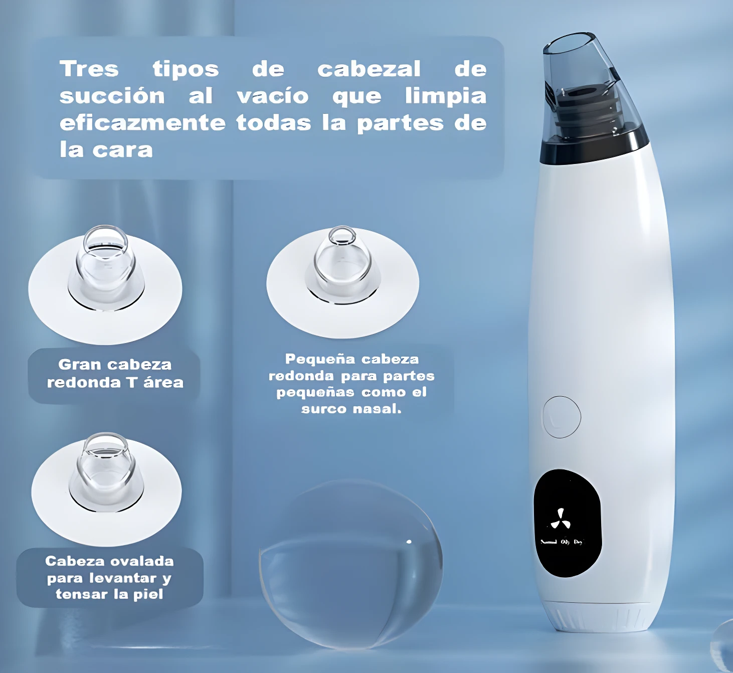 Dispositivo removedor de espinillas blanco con tres cabezales intercambiables y pantalla digital.