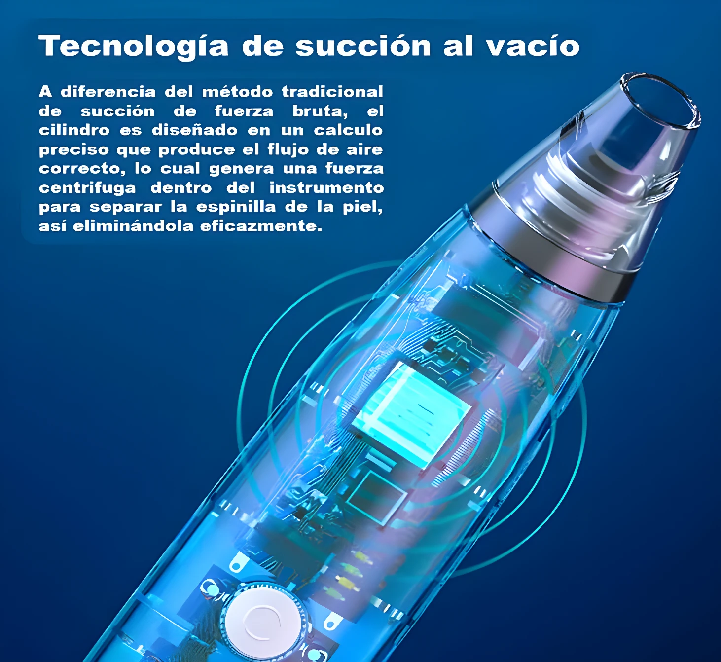 Removedor de espinillas eléctrico azul transparente con tecnología de succión al vacío, muestra su circuito interno.