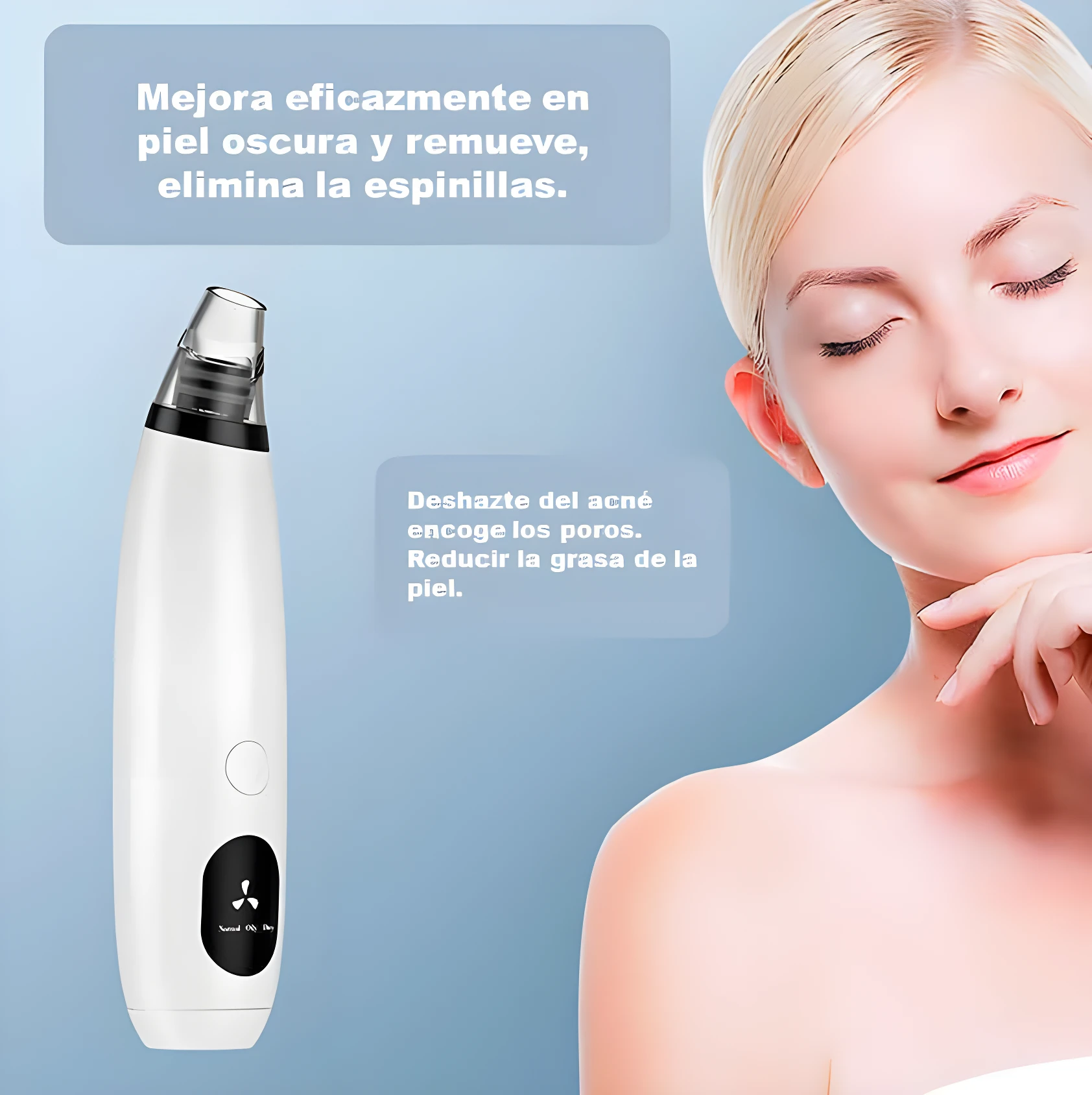 Removedor de espinillas eléctrico blanco con pantalla digital, ideal para mejorar piel oscura y eliminar puntos negros.