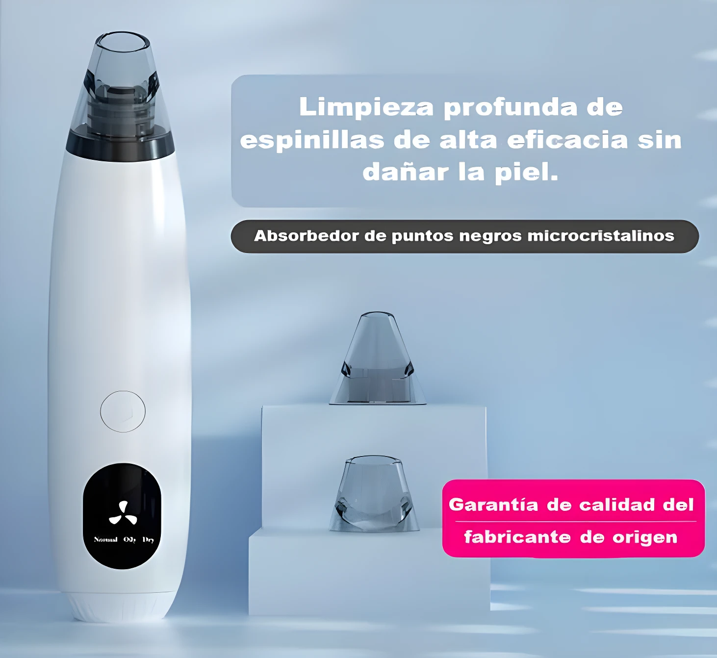 Removedor de espinillas blanco con pantalla digital, dos puntas y garantía de calidad.