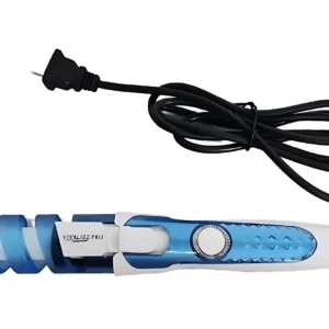 Rizador de cabello VIVALIZZ PRO azul y blanco con barril en espiral de cerámica, cable negro y enchufe.