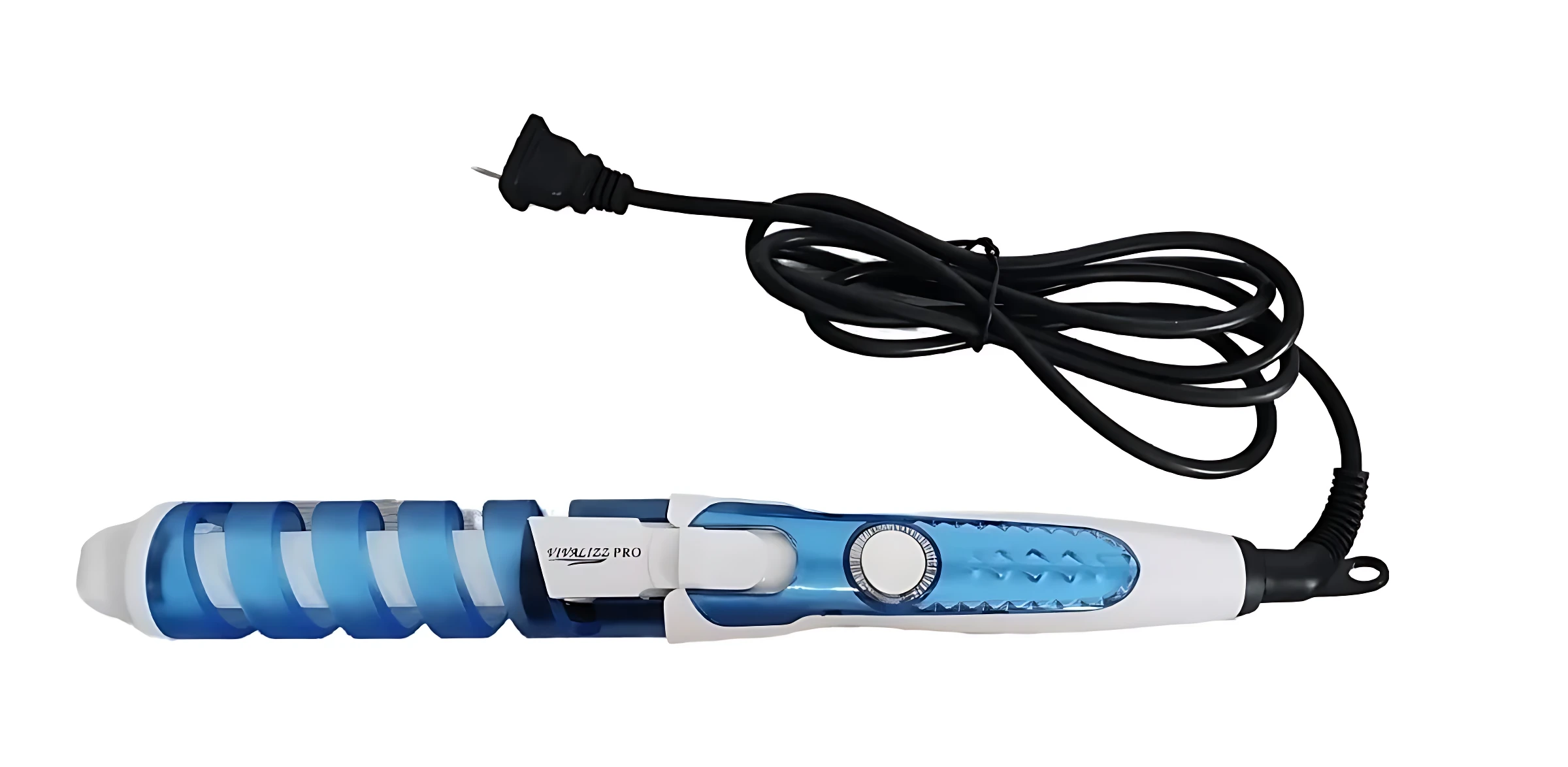 Rizador de cabello VIVALIZZ PRO azul y blanco con barril en espiral de cerámica, cable negro y enchufe.