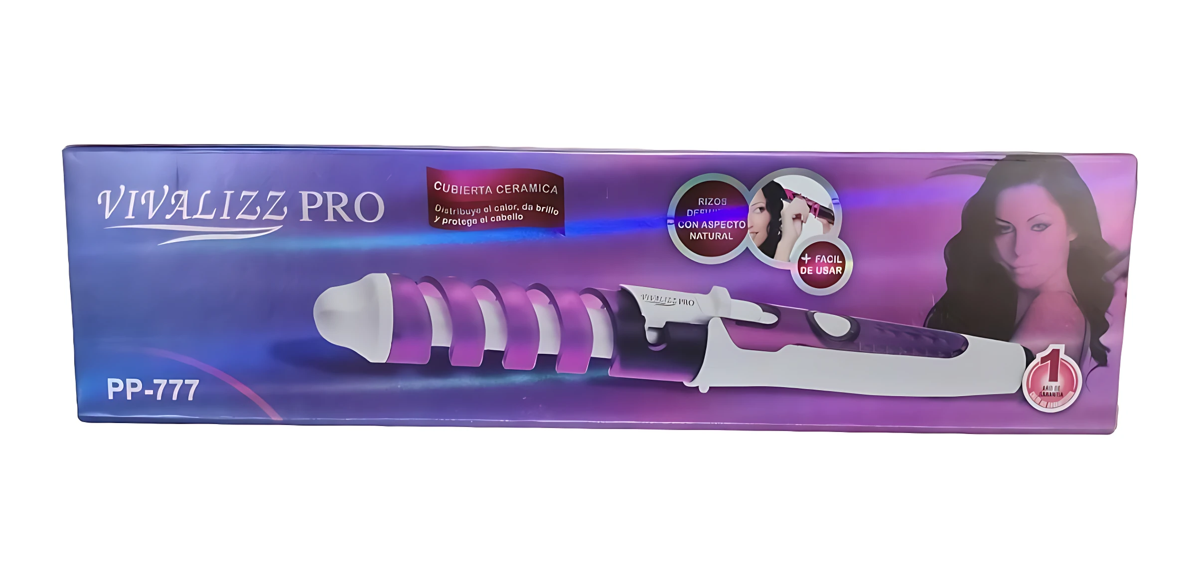 Rizador de cabello VIVALIZZ PRO PP-777, con barril espiral en cerámica morada.